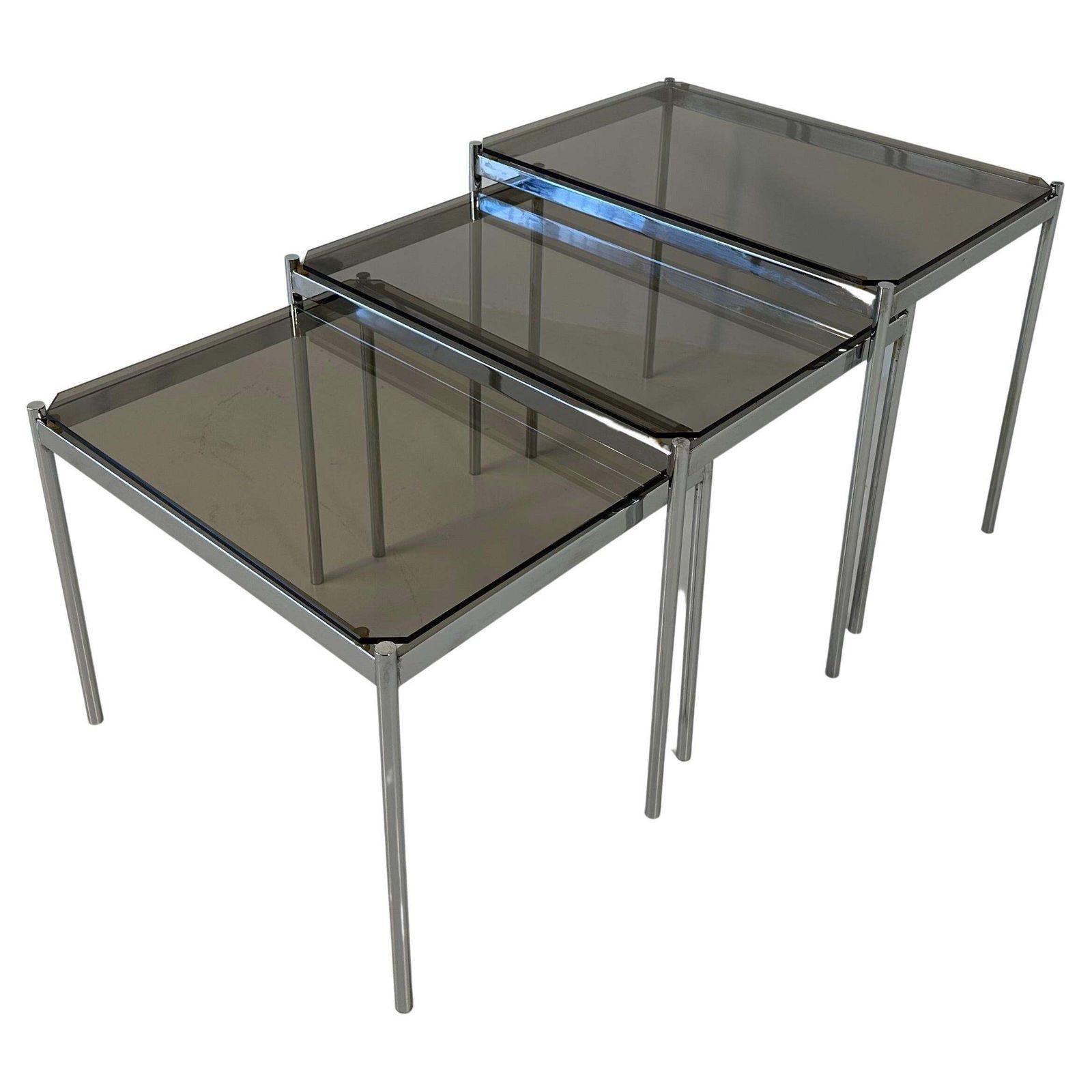 Italian Midcentury Set Of Three Chromed Metal Glass Stackable Tray Tables, 1970s