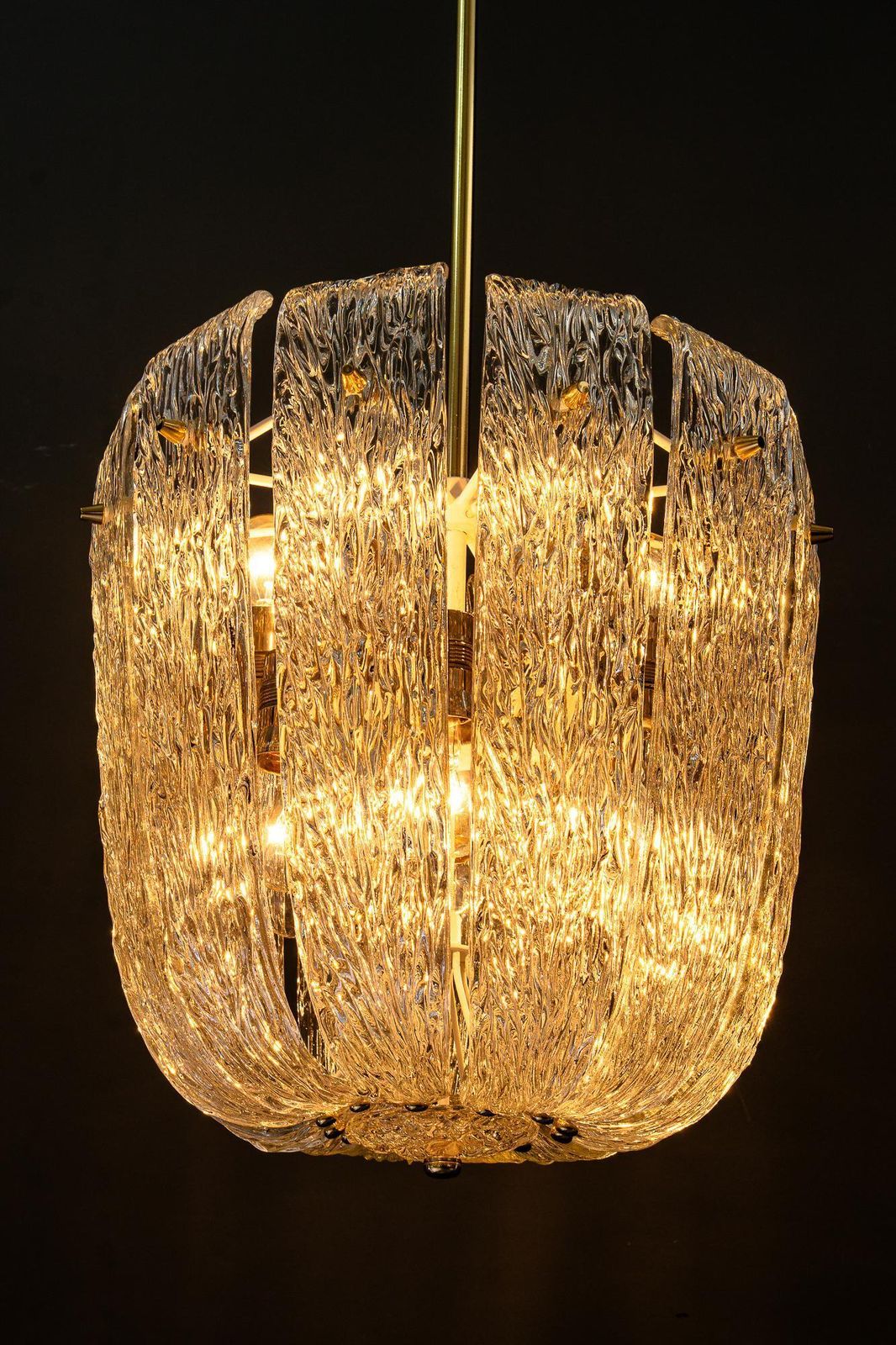 photo for sale Modern Mid Century Chandelier With Brass And Curved Textured Glass By J.T Kalmar