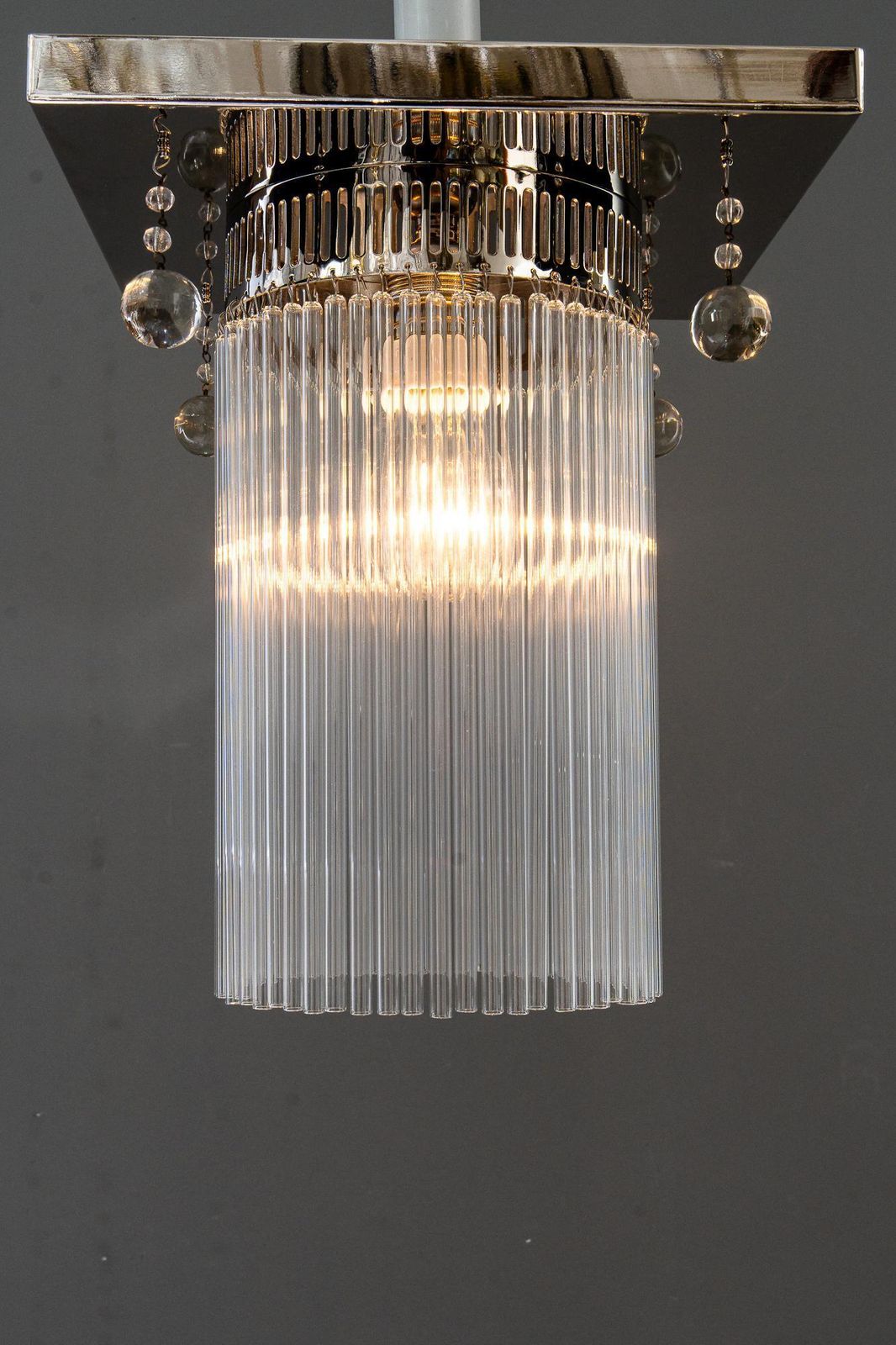 Art Deco Ceiling Lamp Nickel Plated With 4 Original Hanging Glass Parts 1920s photo vintage