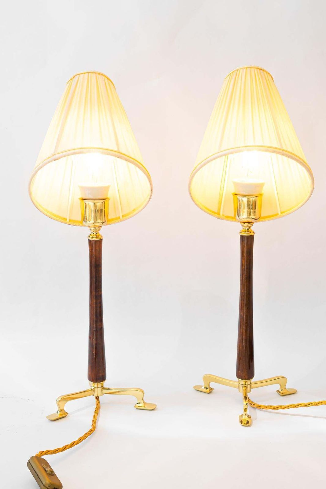 photo vintage 2 Rupert Nikoll Table Lamps With Wood And Fabric Shade Vienna Around 1950s