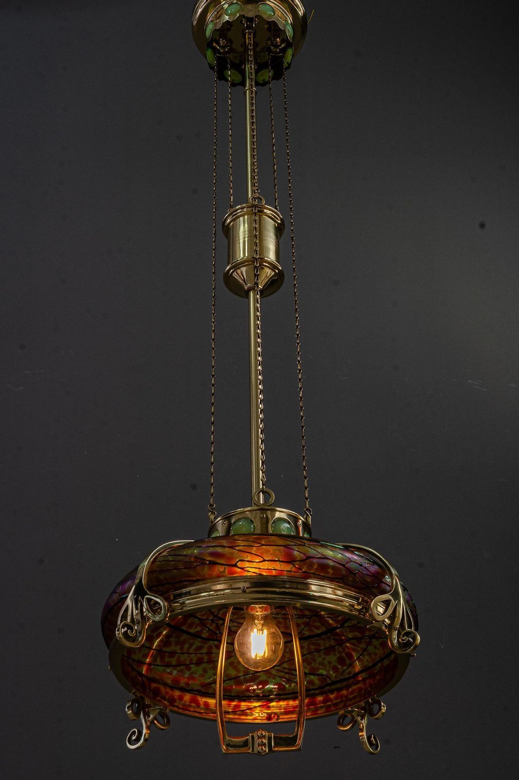 photo vintage Adjustable Chandelier With Palme Koenig Glass Shade Vienna Around 1908s