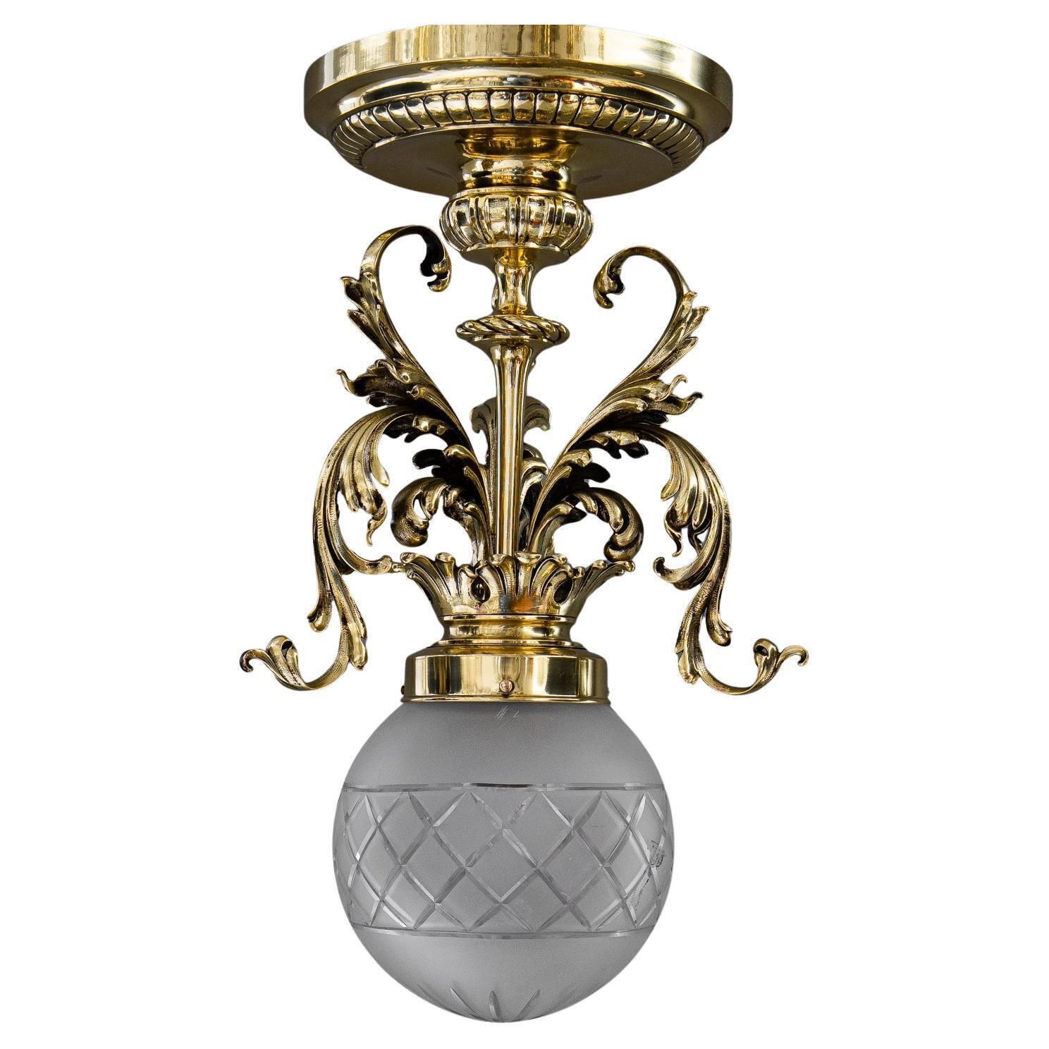 Historistic Ceiling Lamp With Original Antique Glass Shade Vienna Around 1890s