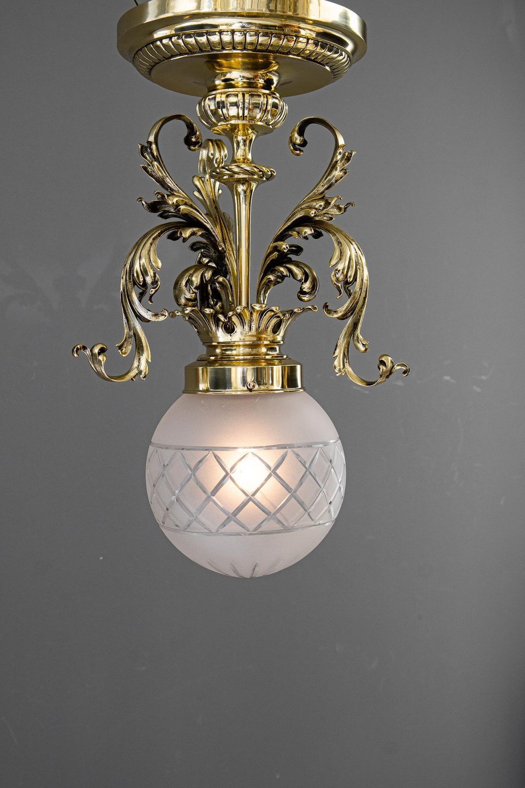 Historistic Ceiling Lamp With Original Antique Glass Shade Vienna Around 1890s photo vintage