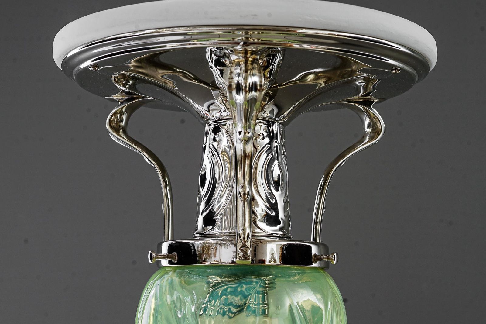 Art Deco Ceiling Lamp Alpaca ( White Metal ) With Orig. Old Opaline Glass 1920s photo Lighting