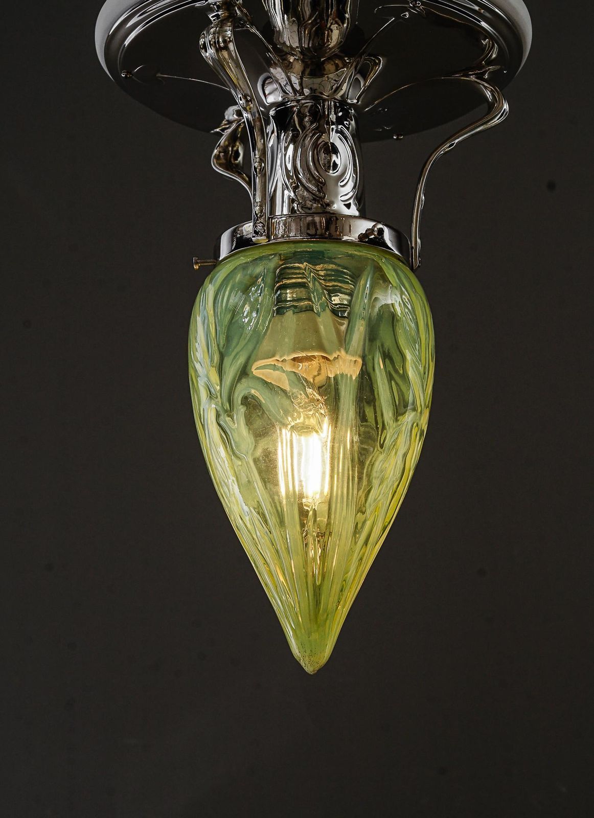 Art Deco Ceiling Lamp Alpaca ( White Metal ) With Orig. Old Opaline Glass 1920s photo vinterior