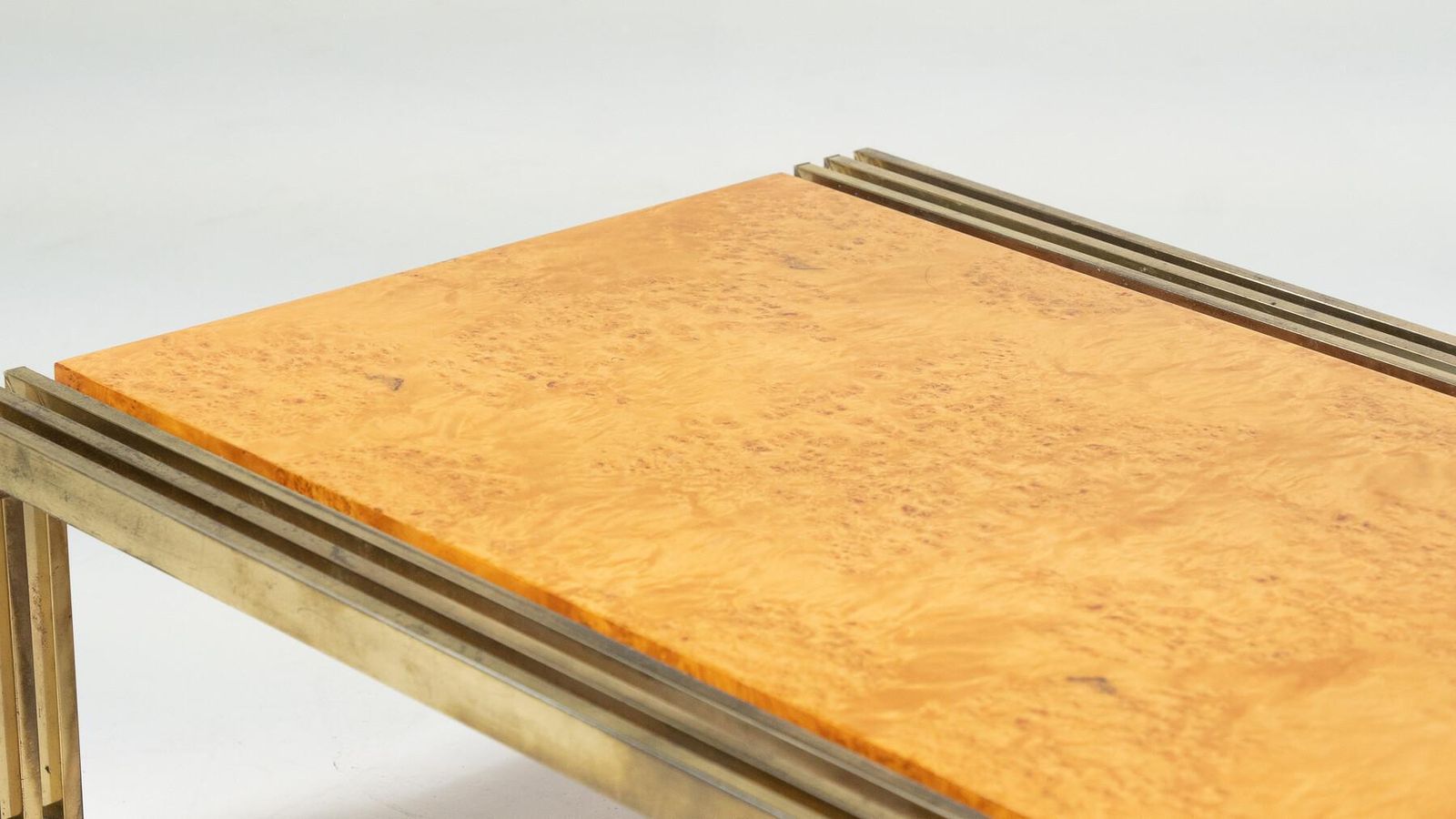 Mid Century Burl Wood And Brass Coffee Table photo for sale