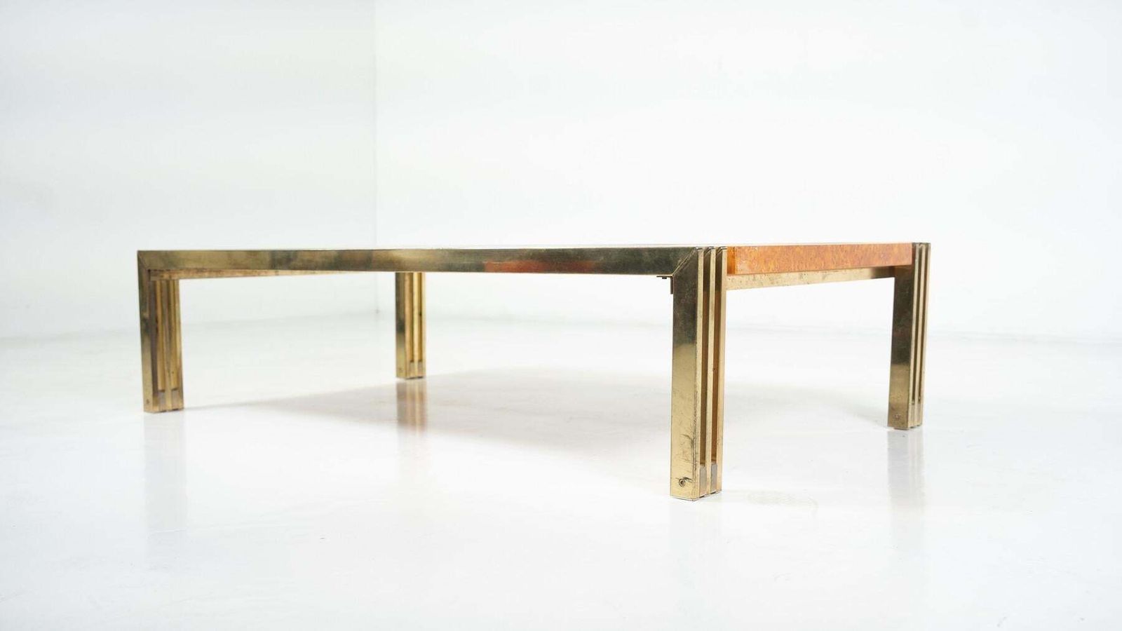 Mid Century Burl Wood And Brass Coffee Table photo vinterior
