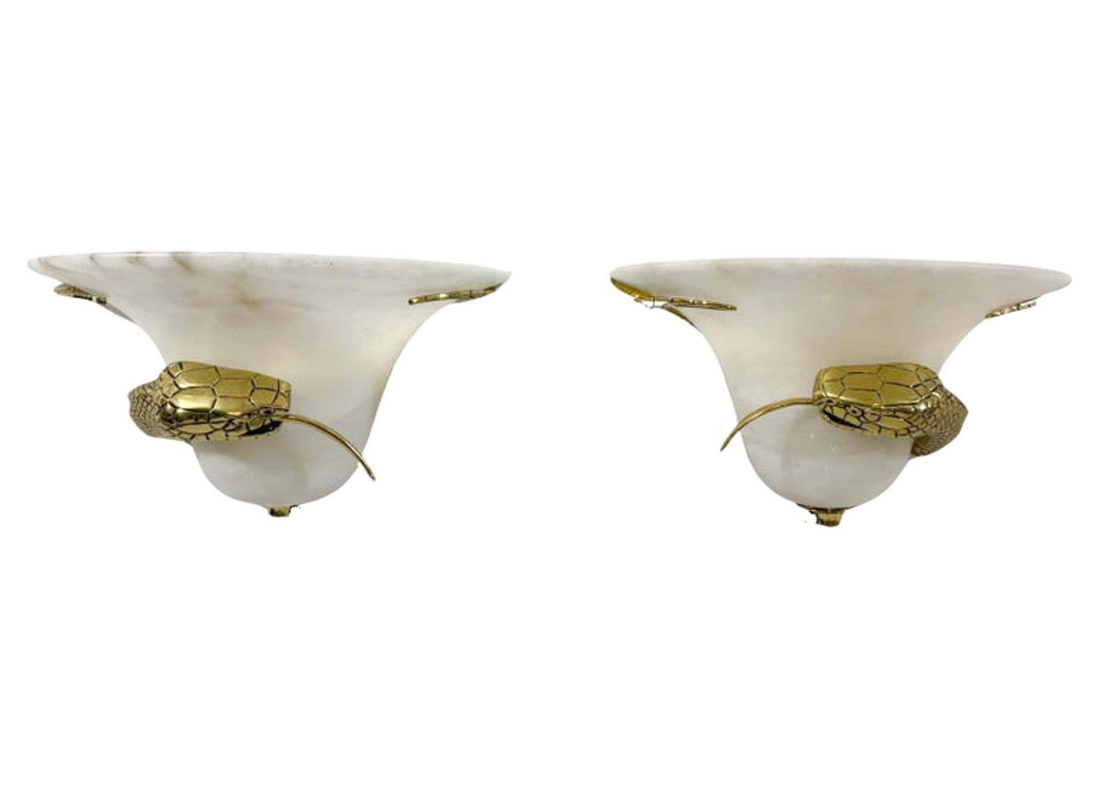 Mid Century Pair Of Snake Wall Lights, Brass And Alabaster, Italy, 1970s photo furniture
