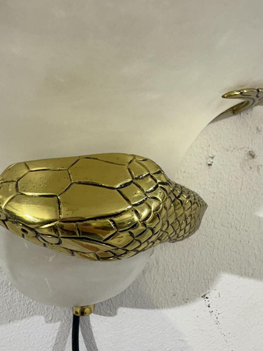 Mid Century Pair Of Snake Wall Lights, Brass And Alabaster, Italy, 1970s photo Lighting