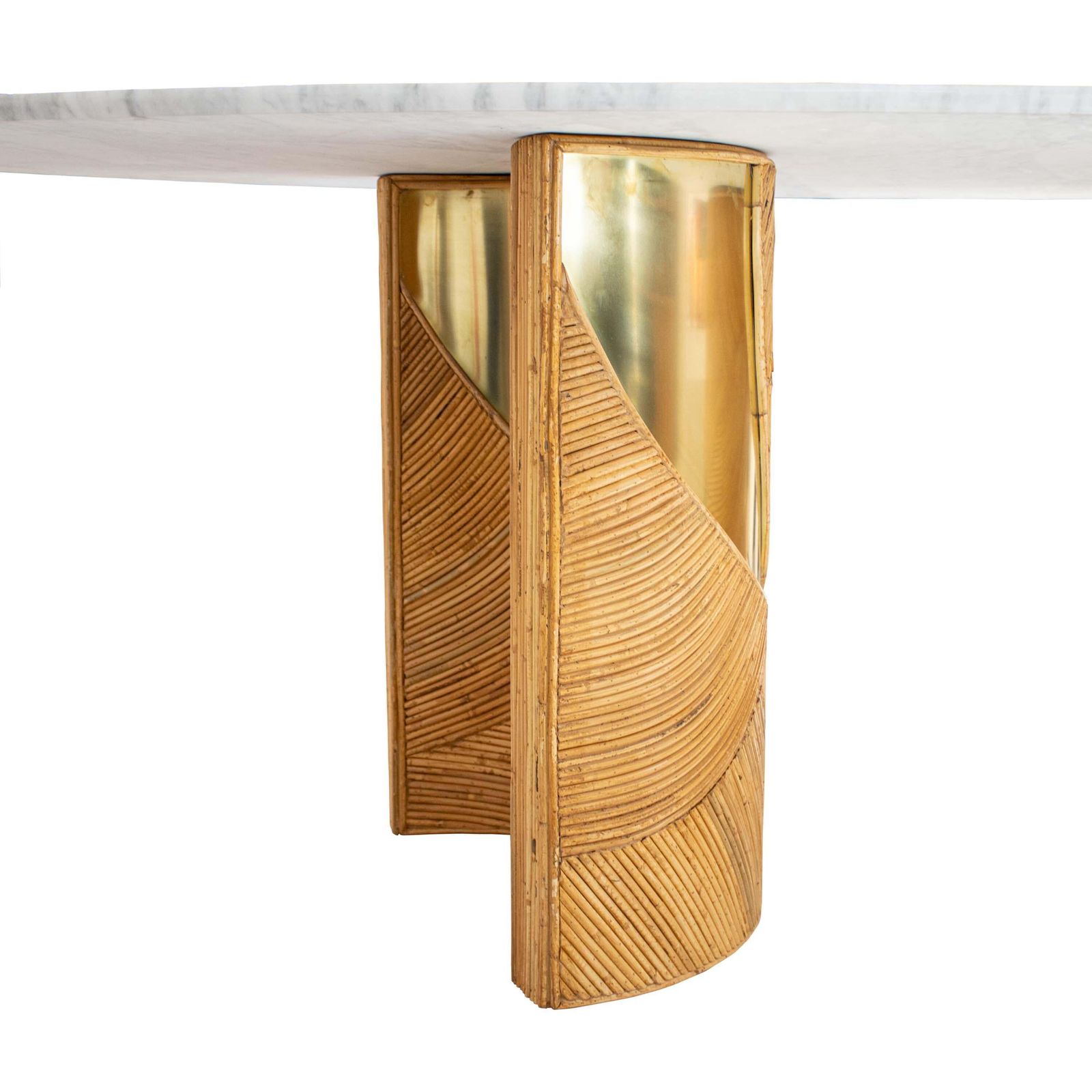 French Oval Dining Table With Carrara Marble Top And Bamboo Brass Bases photo vinterior