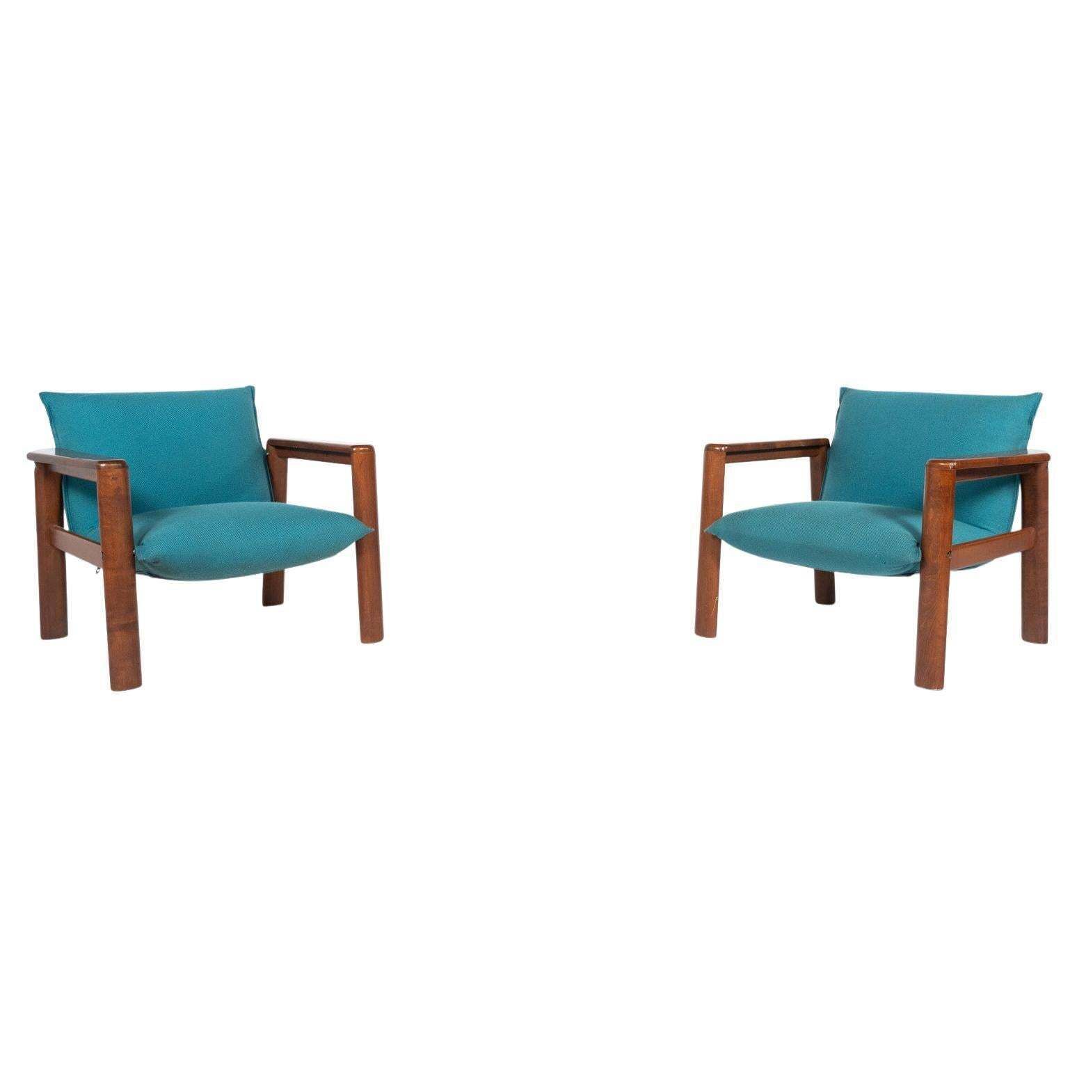 Mid Century Modern Pair Of Armchairs, Blue Fabric And Wood, Italy, 1960s