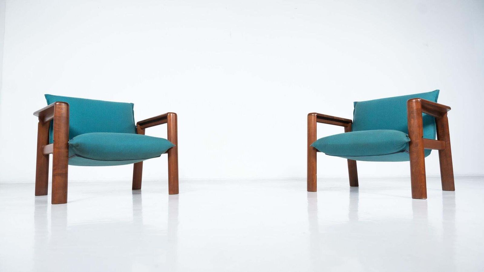 Mid Century Modern Pair Of Armchairs, Blue Fabric And Wood, Italy, 1960s photo furniture