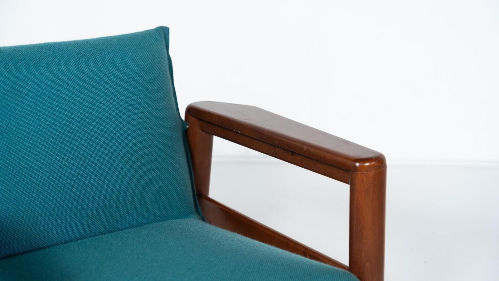 Mid Century Modern Pair Of Armchairs, Blue Fabric And Wood, Italy, 1960s photo buy