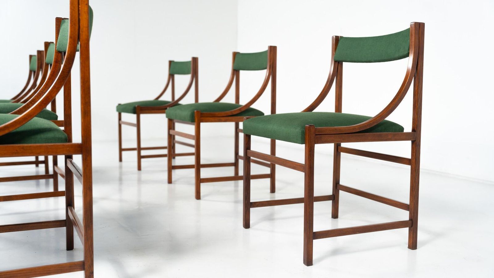 Mid Century Modern Set Of 6 Armchairs, Wood And Fabric, Italy, 1960s photo vinterior