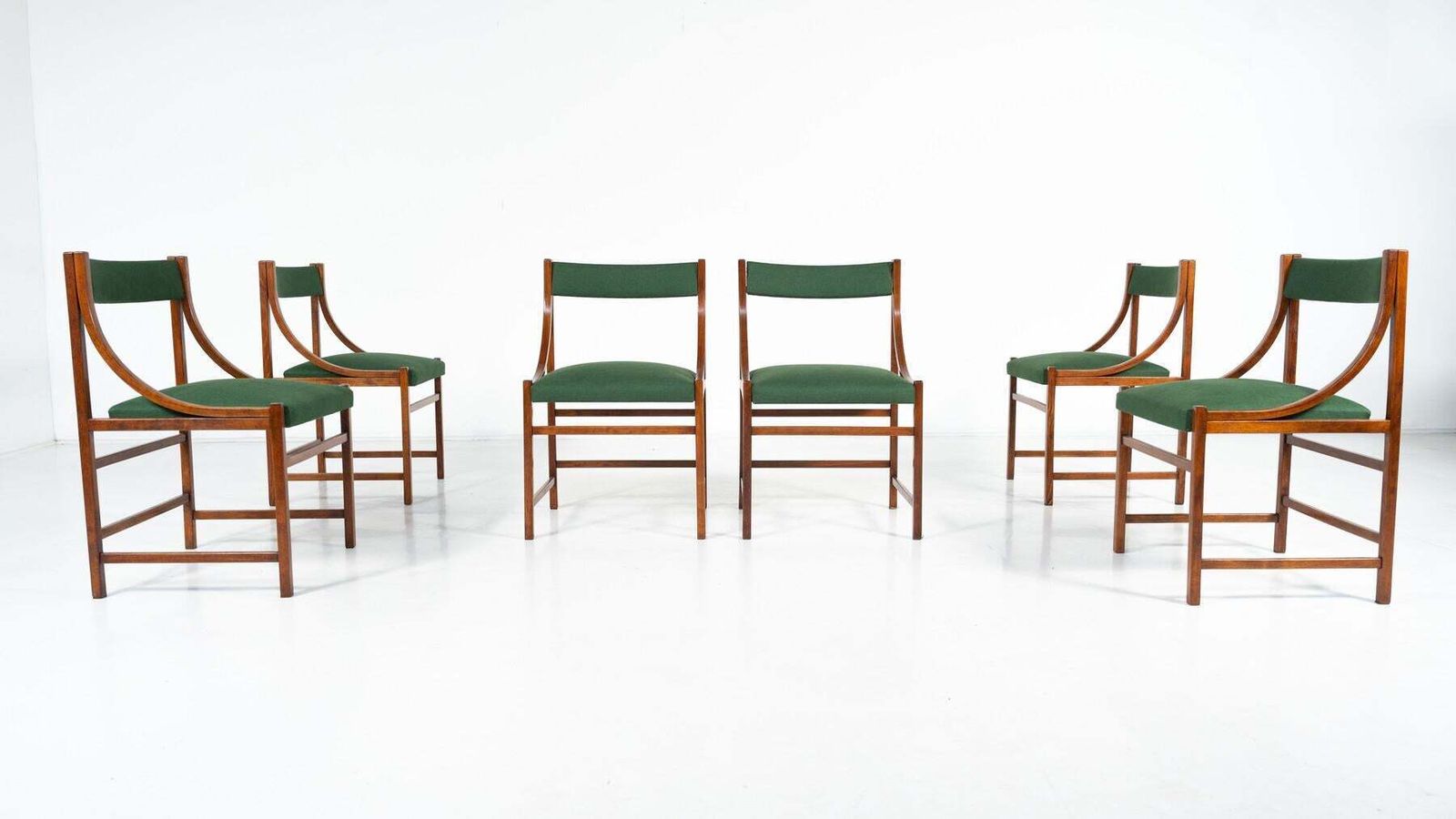 Mid Century Modern Set Of 6 Armchairs, Wood And Fabric, Italy, 1960s photo vintage