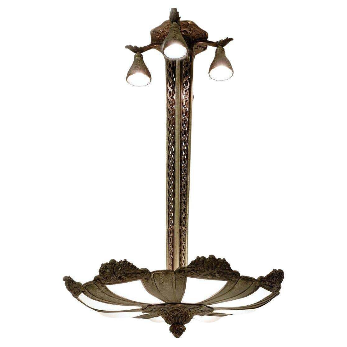 French Art Deco Frosted Glass And Bronze Pendant Chandelier, 1920s