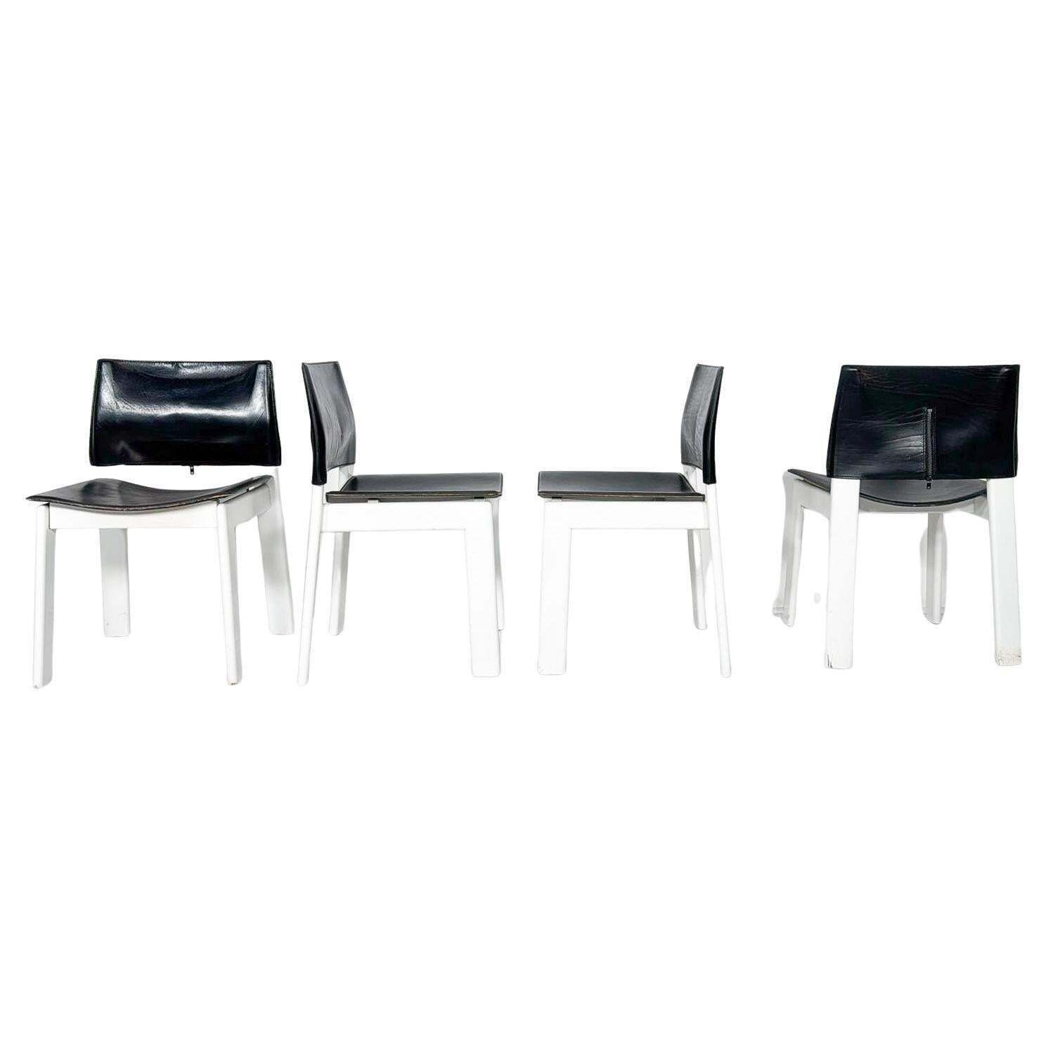 Mid Century Modern Set Of 4 Armchairs, Wood And Leather, Italy, 1970s