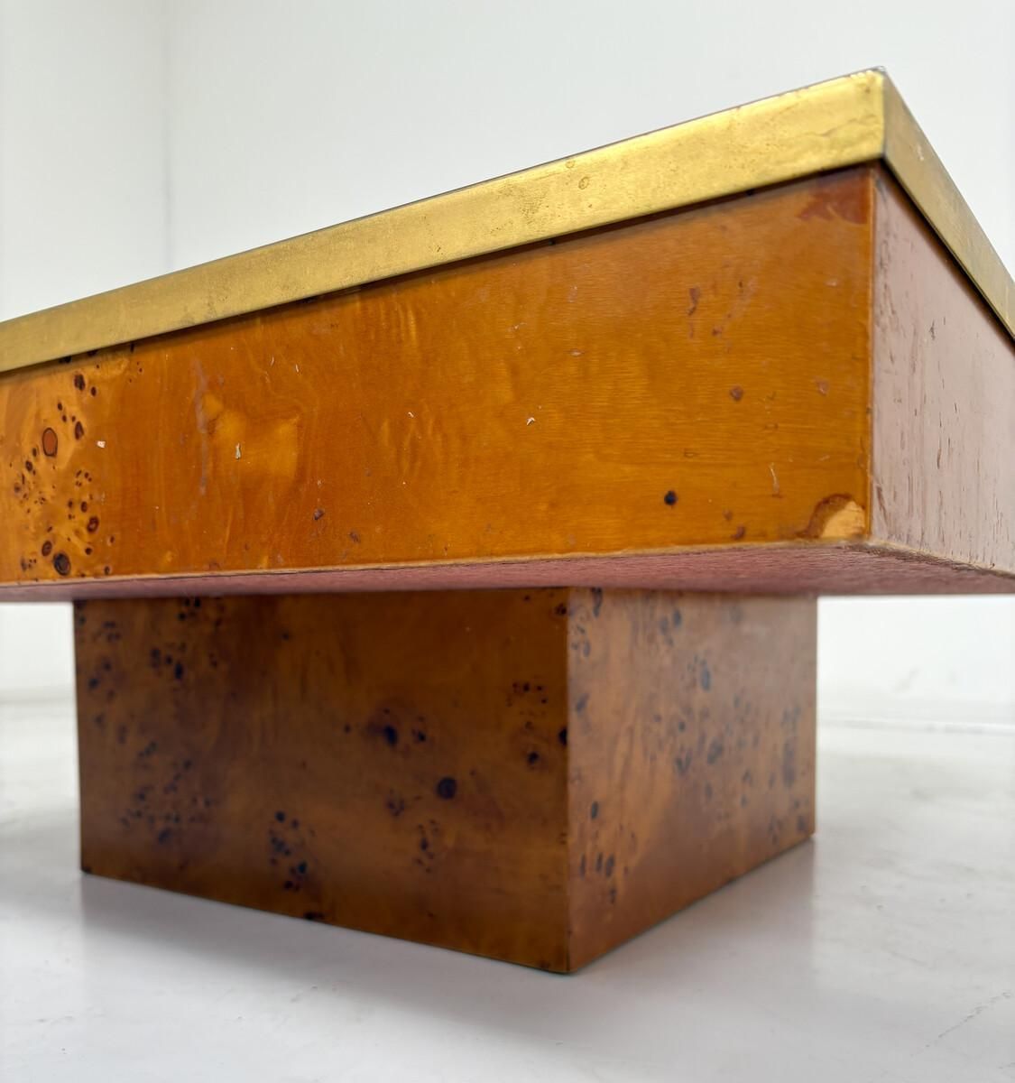 Mid Century Modern Coffee Table, Burl Wood And Brass, 1970s photo furniture