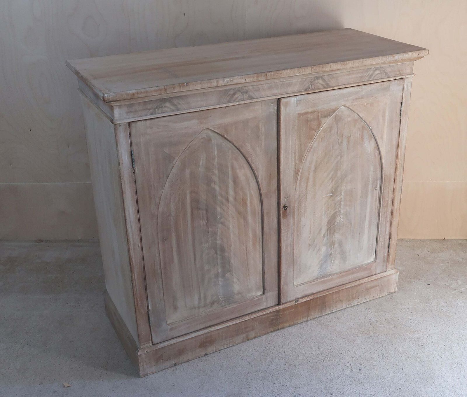 Small Antique Bleached Side Cabinet With Gothic Arch Door Panels. C.1820 photo furniture