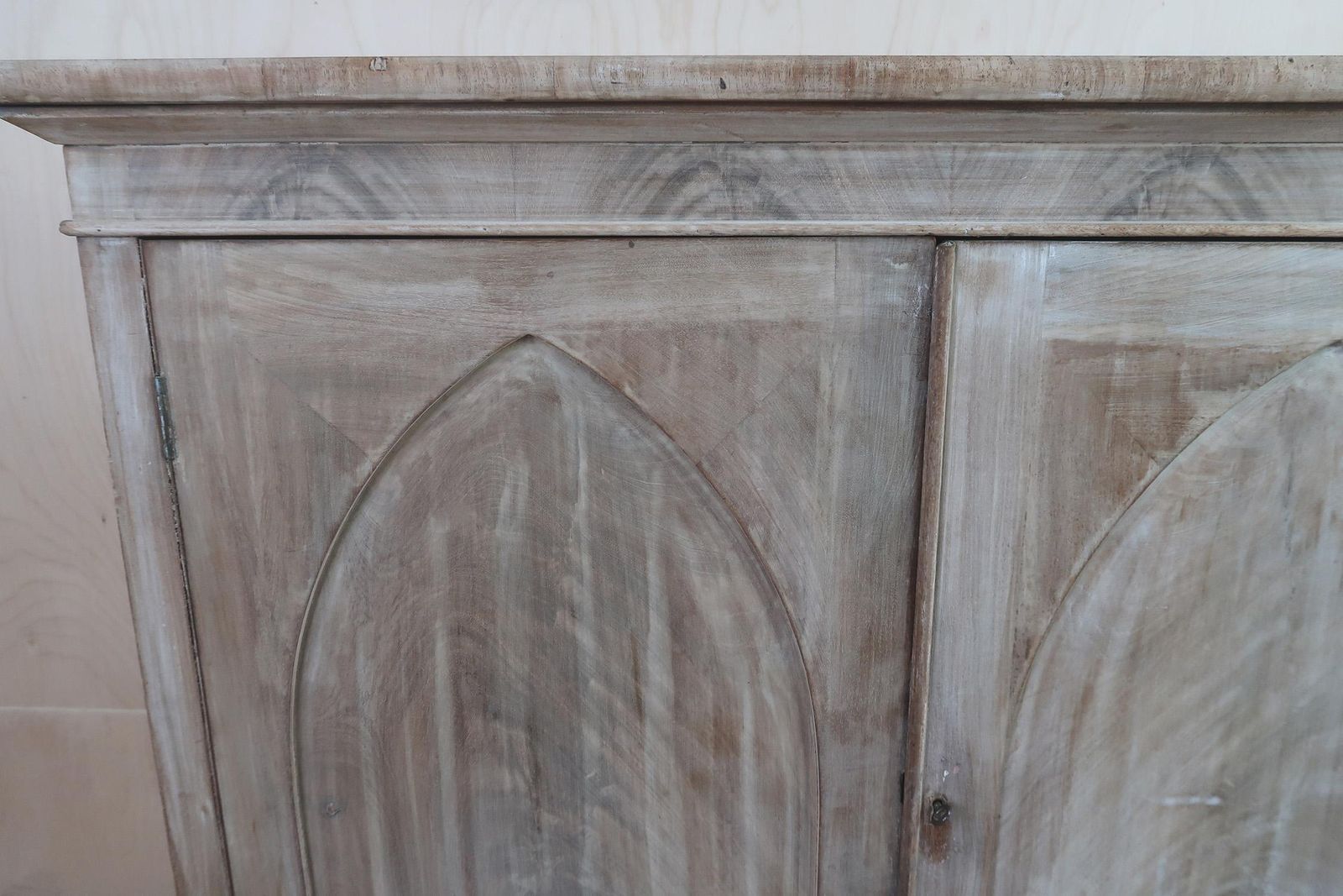 Small Antique Bleached Side Cabinet With Gothic Arch Door Panels. C.1820 photo vinterior
