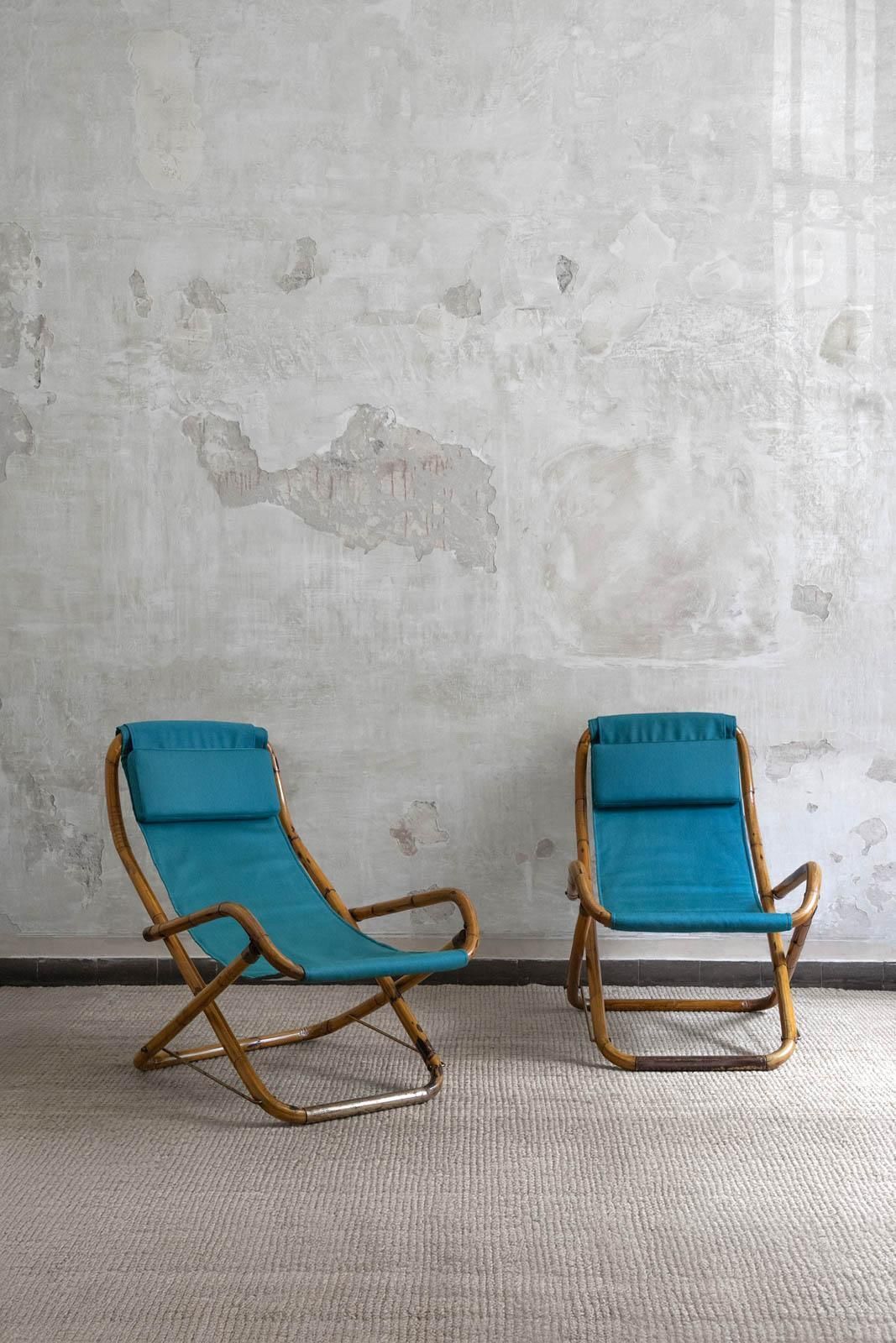 Pair Of Foldable Reclining Armchairs In Curved Bamboo, Italy 1970s photo furniture