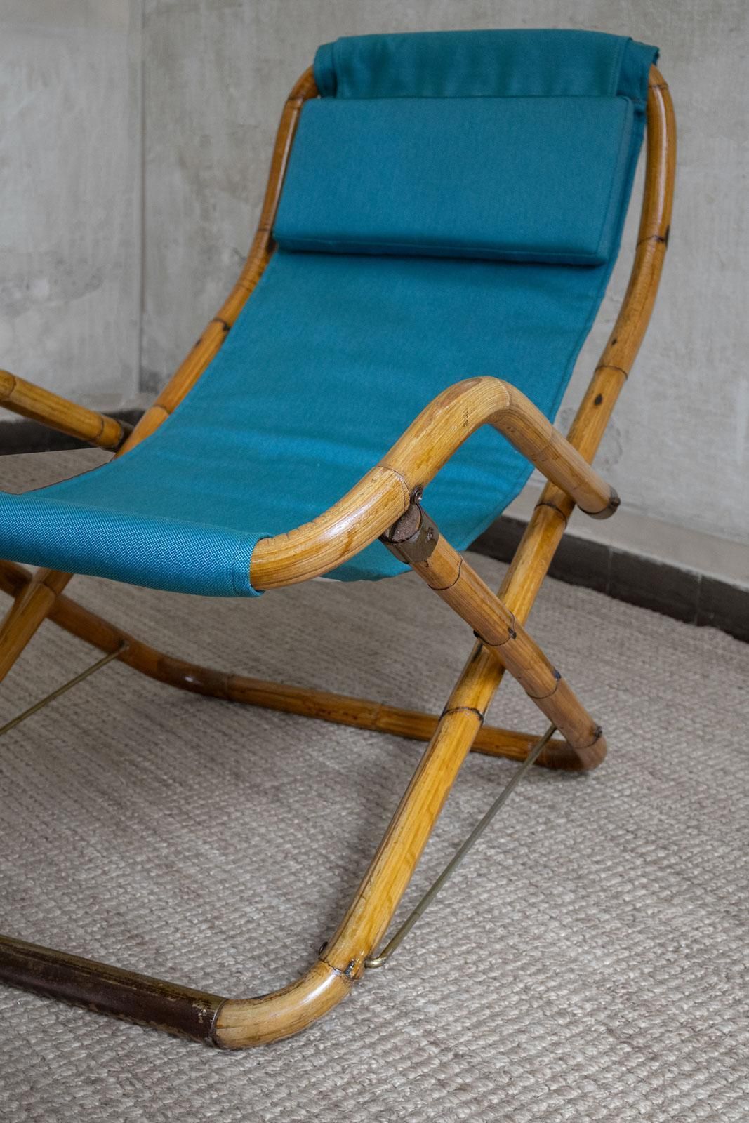 Pair Of Foldable Reclining Armchairs In Curved Bamboo, Italy 1970s photo vinterior