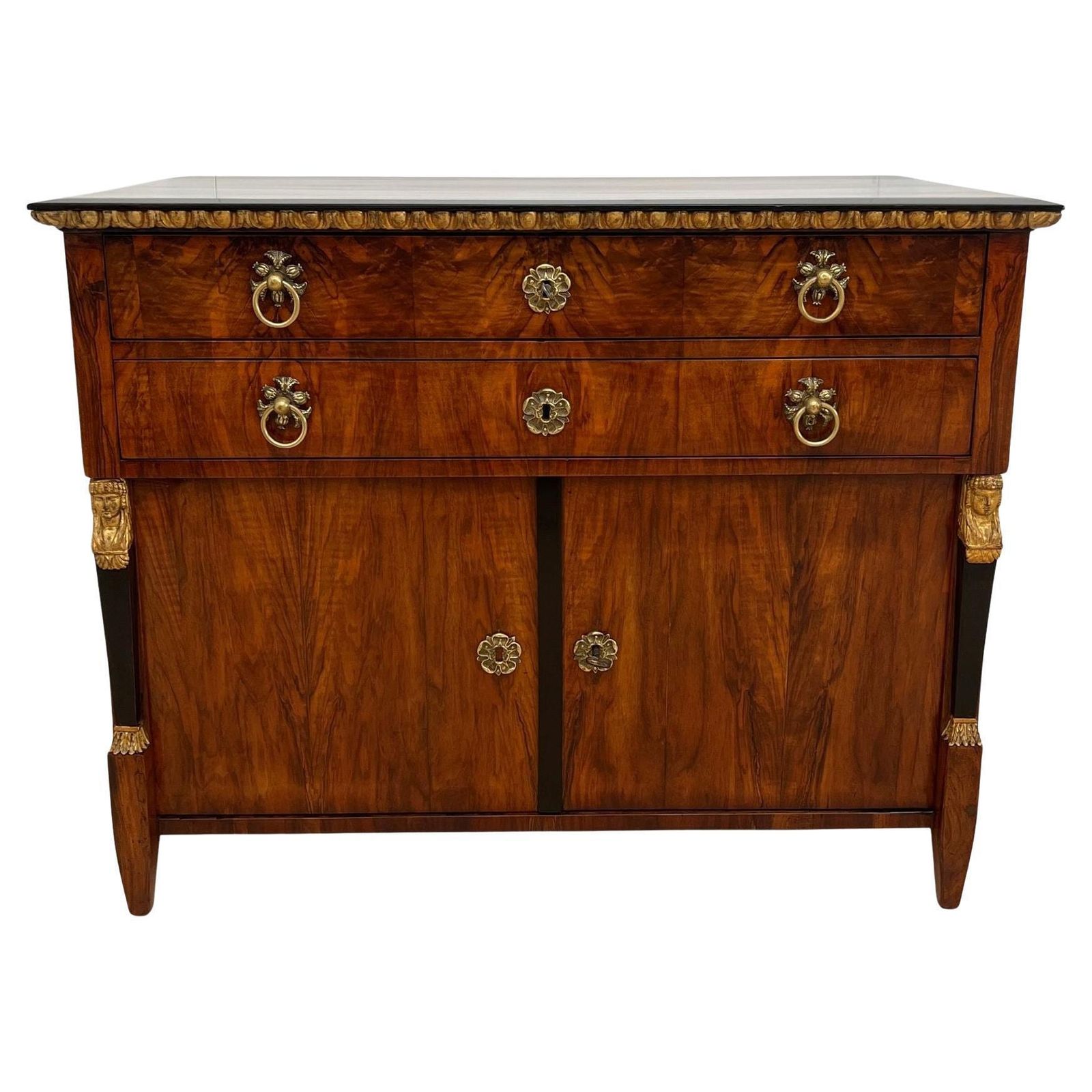 Biedermeier Chest, Walnut Veneer, Cherry, Gold Leaf, Brass, Austria Circa 1815