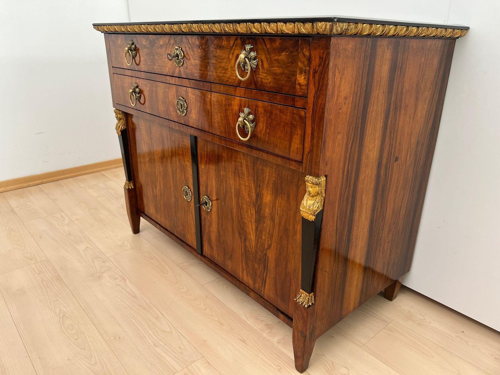 Biedermeier Chest, Walnut Veneer, Cherry, Gold Leaf, Brass, Austria Circa 1815 photo 5026.0
