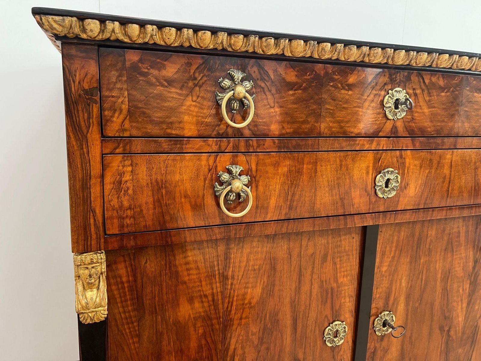 Biedermeier Chest, Walnut Veneer, Cherry, Gold Leaf, Brass, Austria Circa 1815 photo vintage