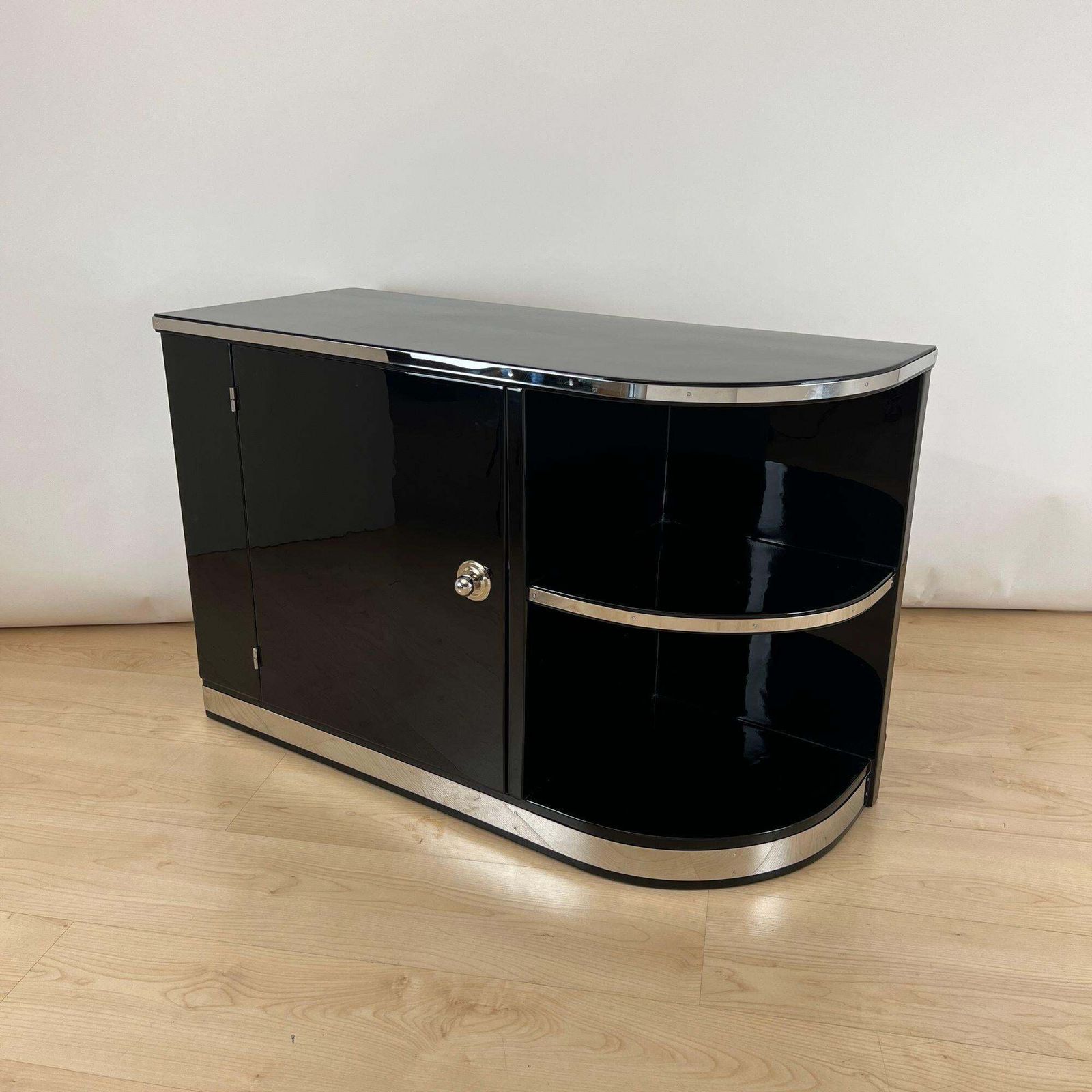 Art Deco Lowboard, Black Lacquer, Chrome Fittings, France Circa 1930 photo buy