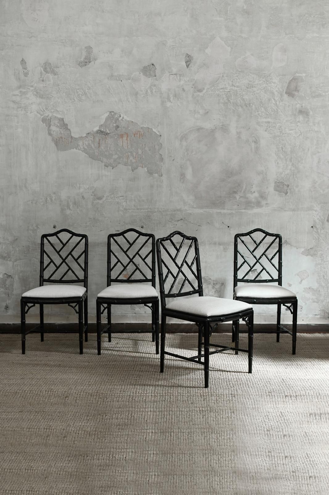 Set Of 4 Chippendale Style Faux Bamboo Black Lacquered Chairs, 1970s photo furniture