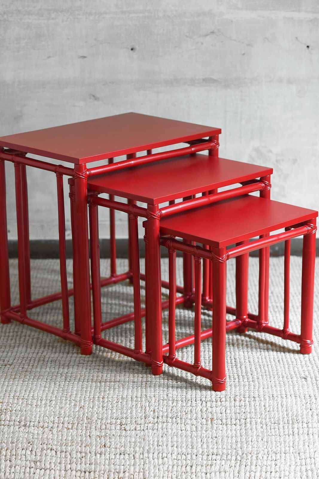 Nesting Side Tables In Red Lacquered Bamboo  – Mcguire San Francisco 1970 photo for sale