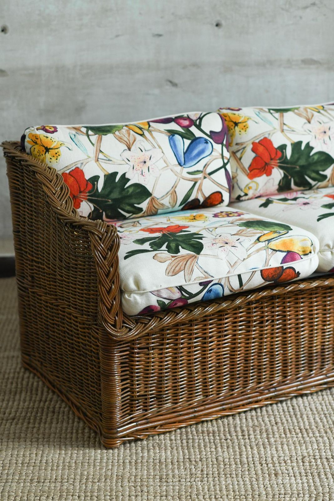 Woven Rattan Sofa With Dedar Fabric Cushions photo for sale