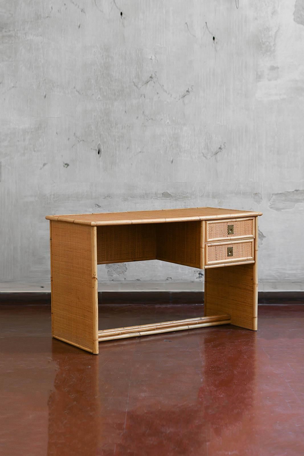 Desk In Bamboo And Wicker With Brass Details. Produced By Dal Vera, 1970s photo furniture