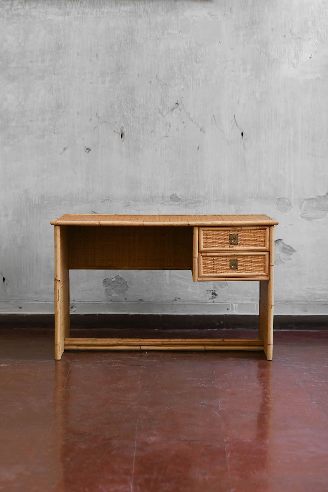 Desk In Bamboo And Wicker With Brass Details. Produced By Dal Vera, 1970s photo for sale