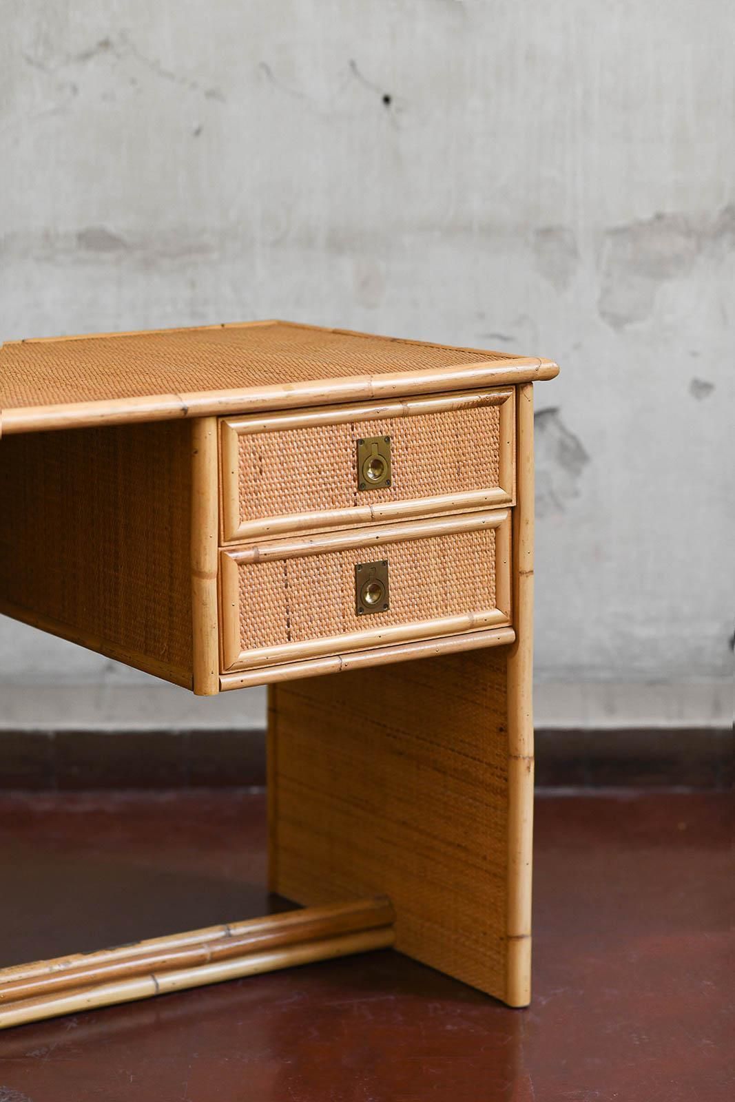 Desk In Bamboo And Wicker With Brass Details. Produced By Dal Vera, 1970s photo Furniture