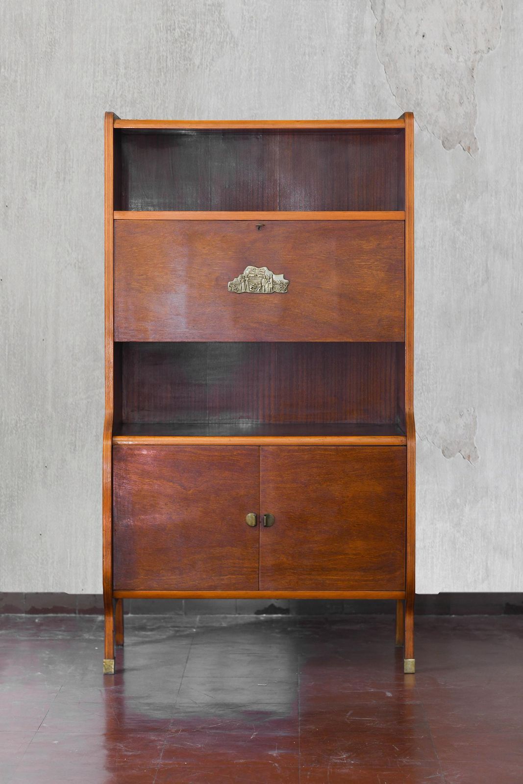 Pair Of Mid Century Wooden Sideboards With Brass Details And Decorations photo for sale