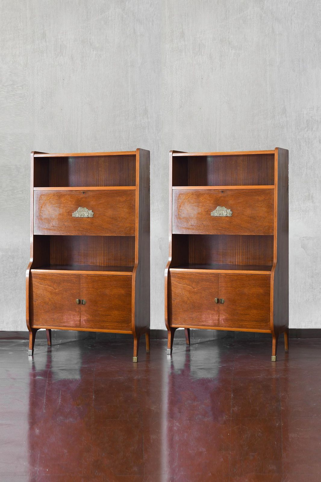 Pair Of Mid Century Wooden Sideboards With Brass Details And Decorations photo 6672.0