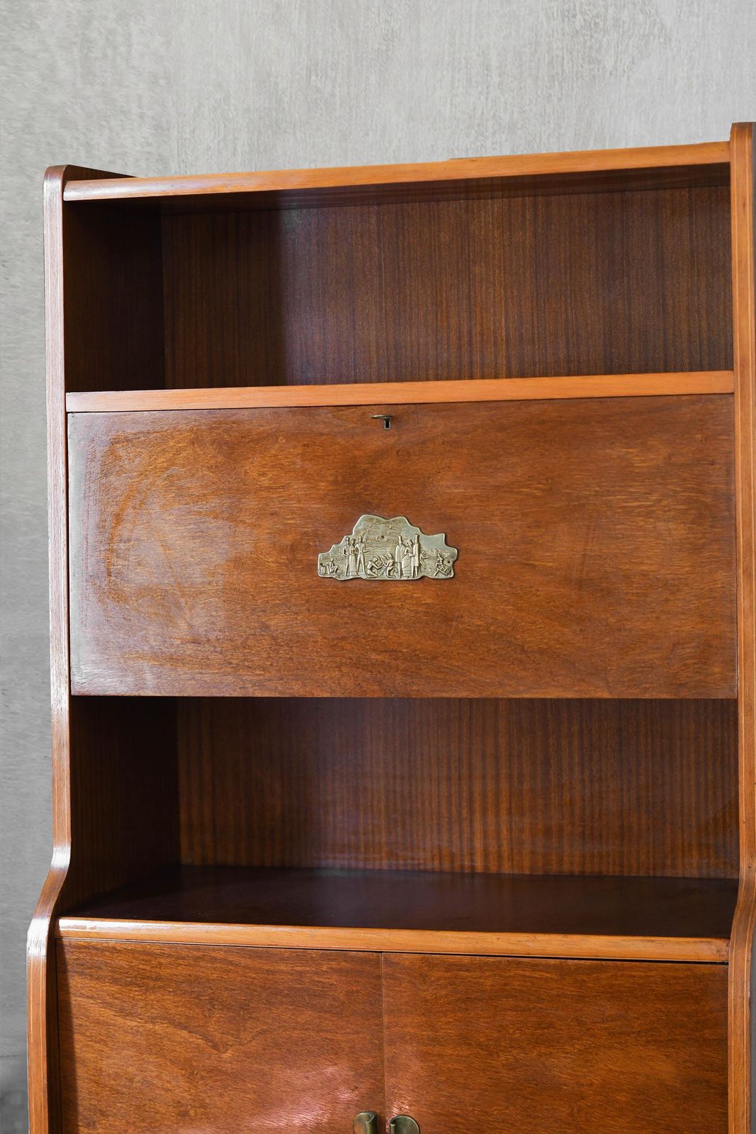 Pair Of Mid Century Wooden Sideboards With Brass Details And Decorations photo vinterior