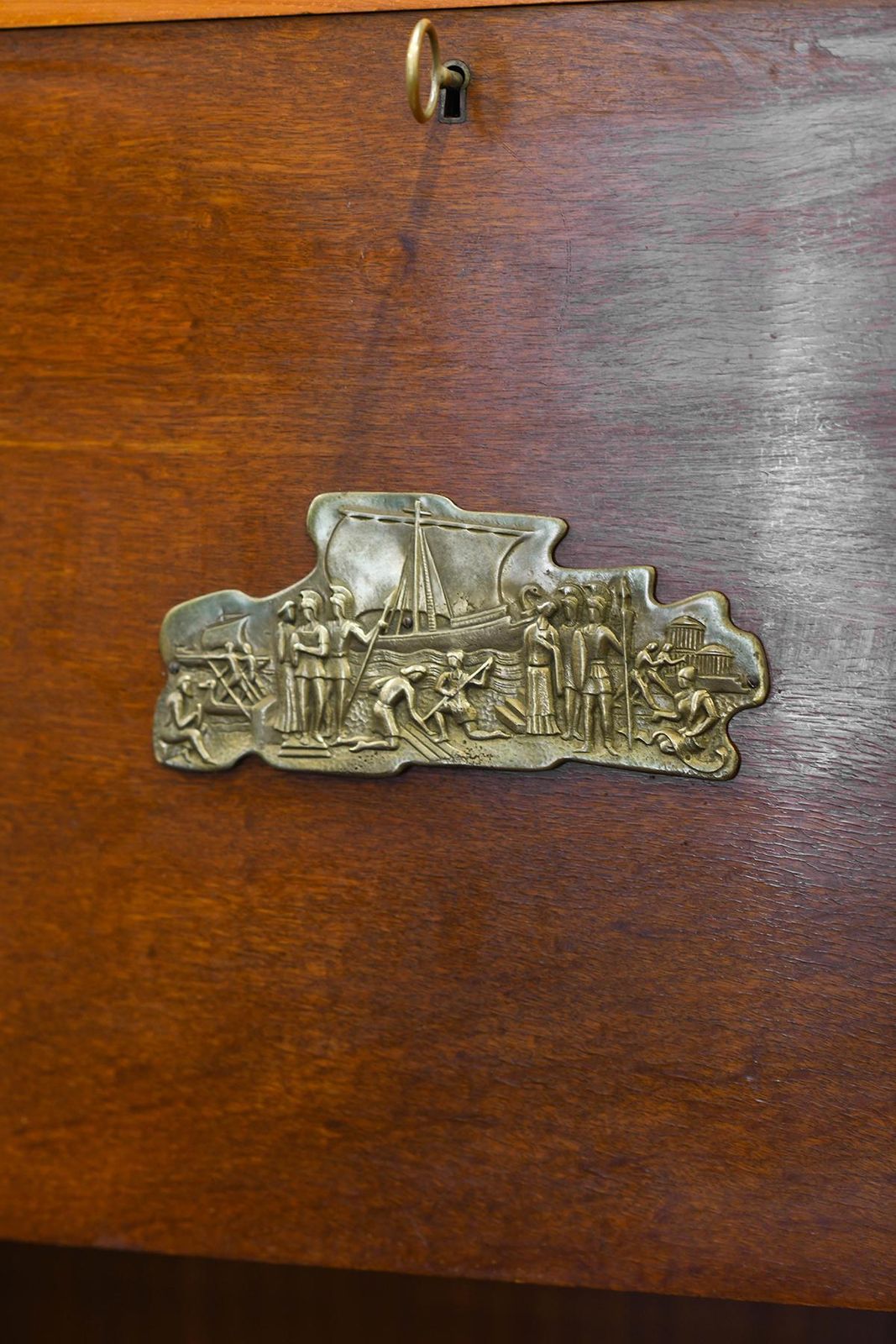 photo for sale Pair Of Mid Century Wooden Sideboards With Brass Details And Decorations