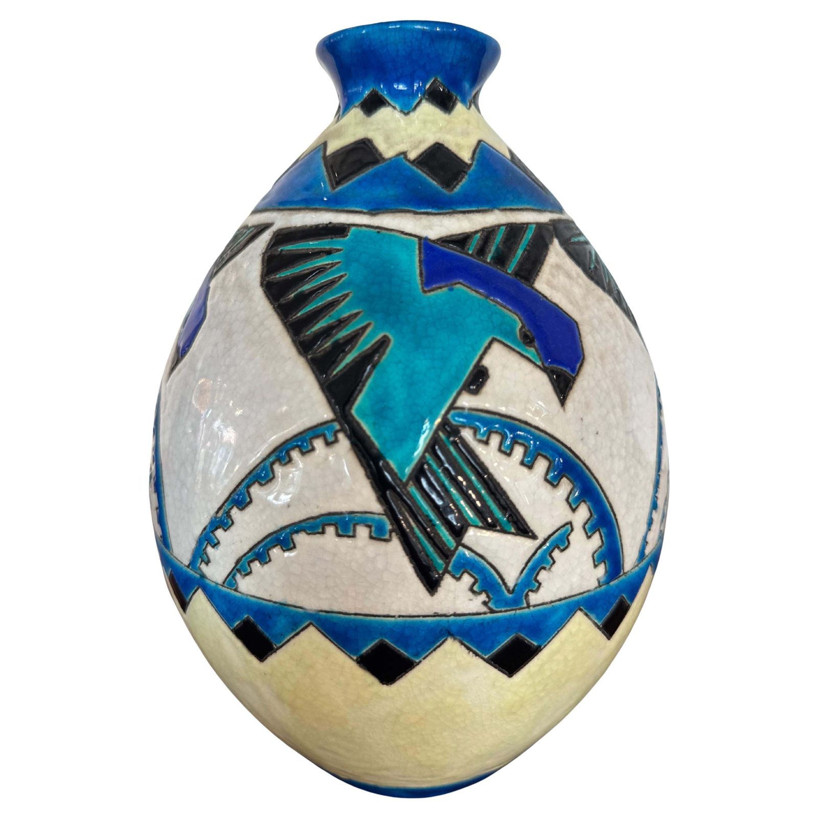 Charles Catteau For Boch Keramis Art Deco Vase With Stylized Swallows, Belgium