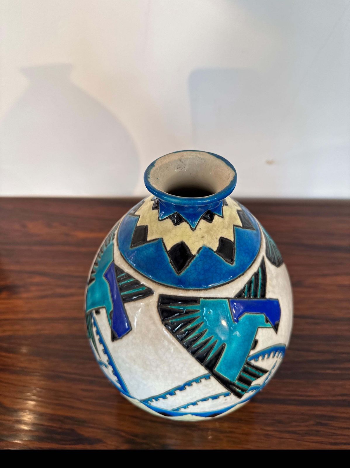 photo vinterior Charles Catteau For Boch Keramis Art Deco Vase With Stylized Swallows, Belgium
