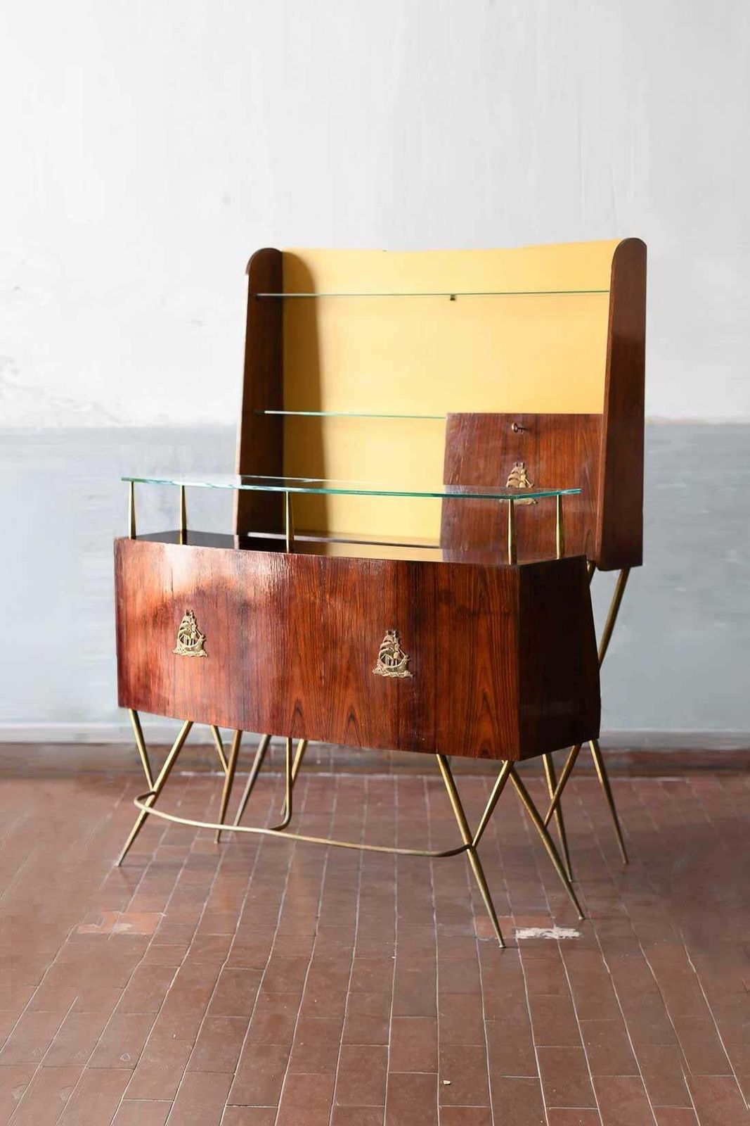 Mid Century Bar Counter In Wood, Brass And Glass. Italian Artisan Production. photo for sale