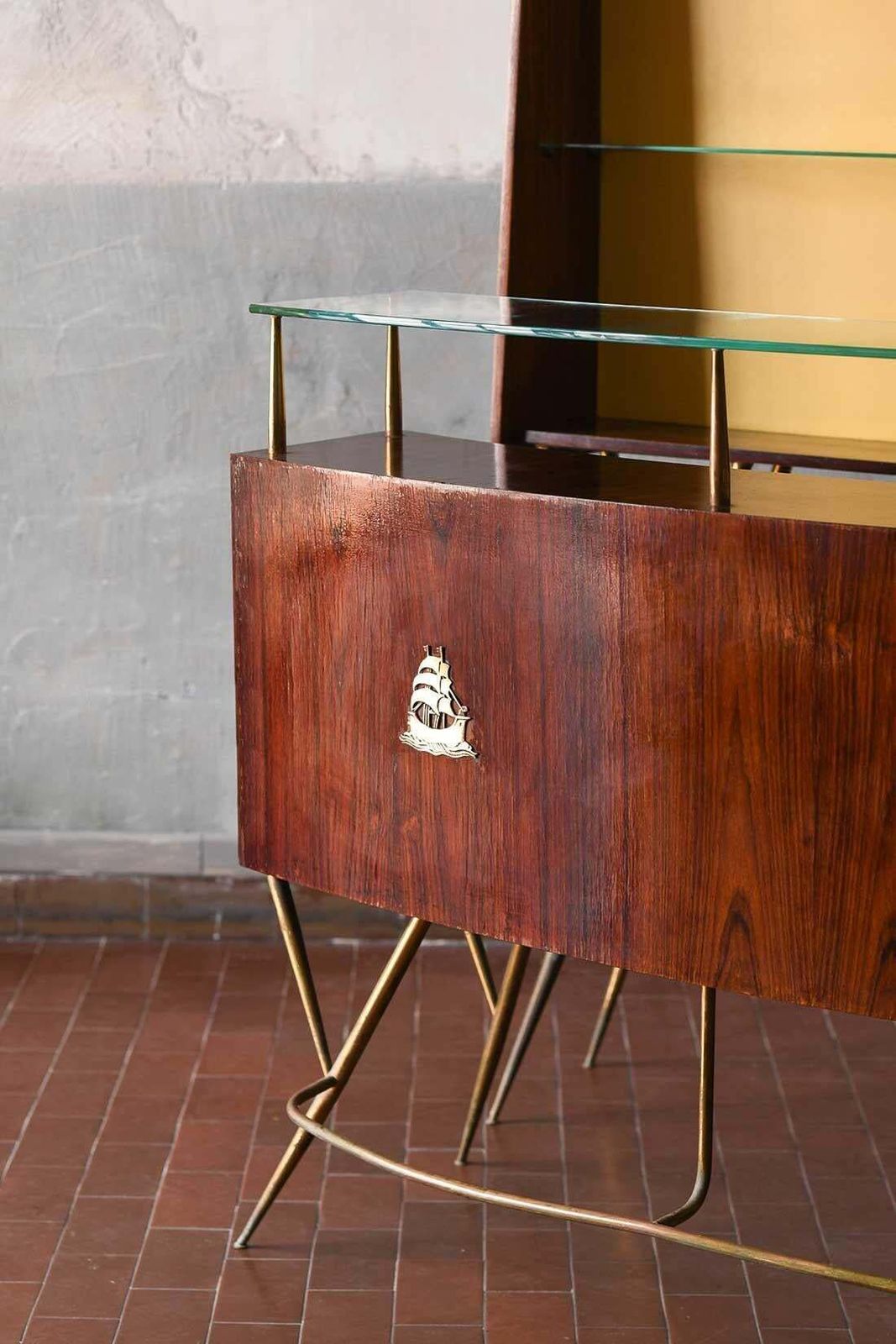 Mid Century Bar Counter In Wood, Brass And Glass. Italian Artisan Production. photo buy