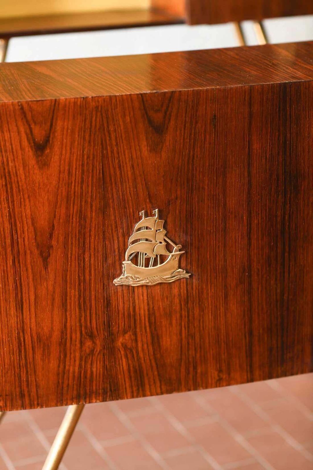 Furniture Mid Century Bar Counter In Wood, Brass And Glass. Italian Artisan Production. photo
