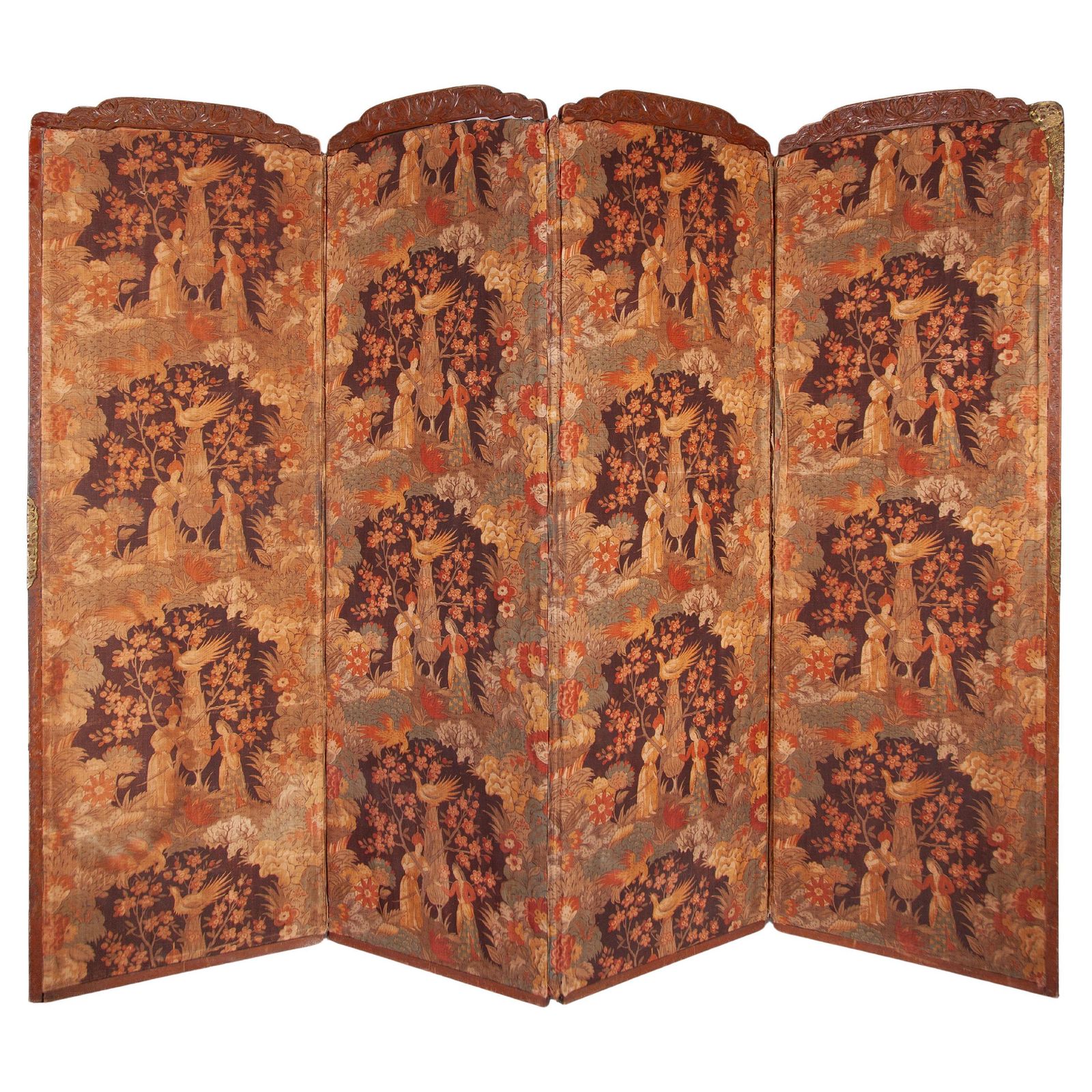 Victorian Four Panel Screen, Roomdivider In Carved Wood, Poetic Design In Fabric