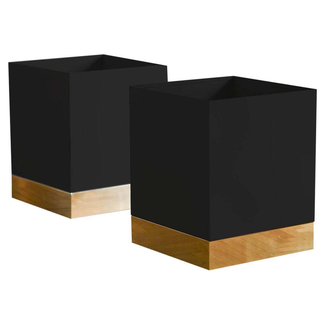 Black Enamelled Metal Vase Holder With Brass Details And Invisible Wheels