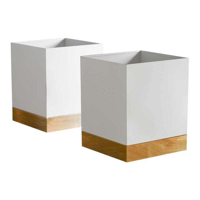 Vase Holder In White Enamelled Metal With Brass Details And Invisible Wheels