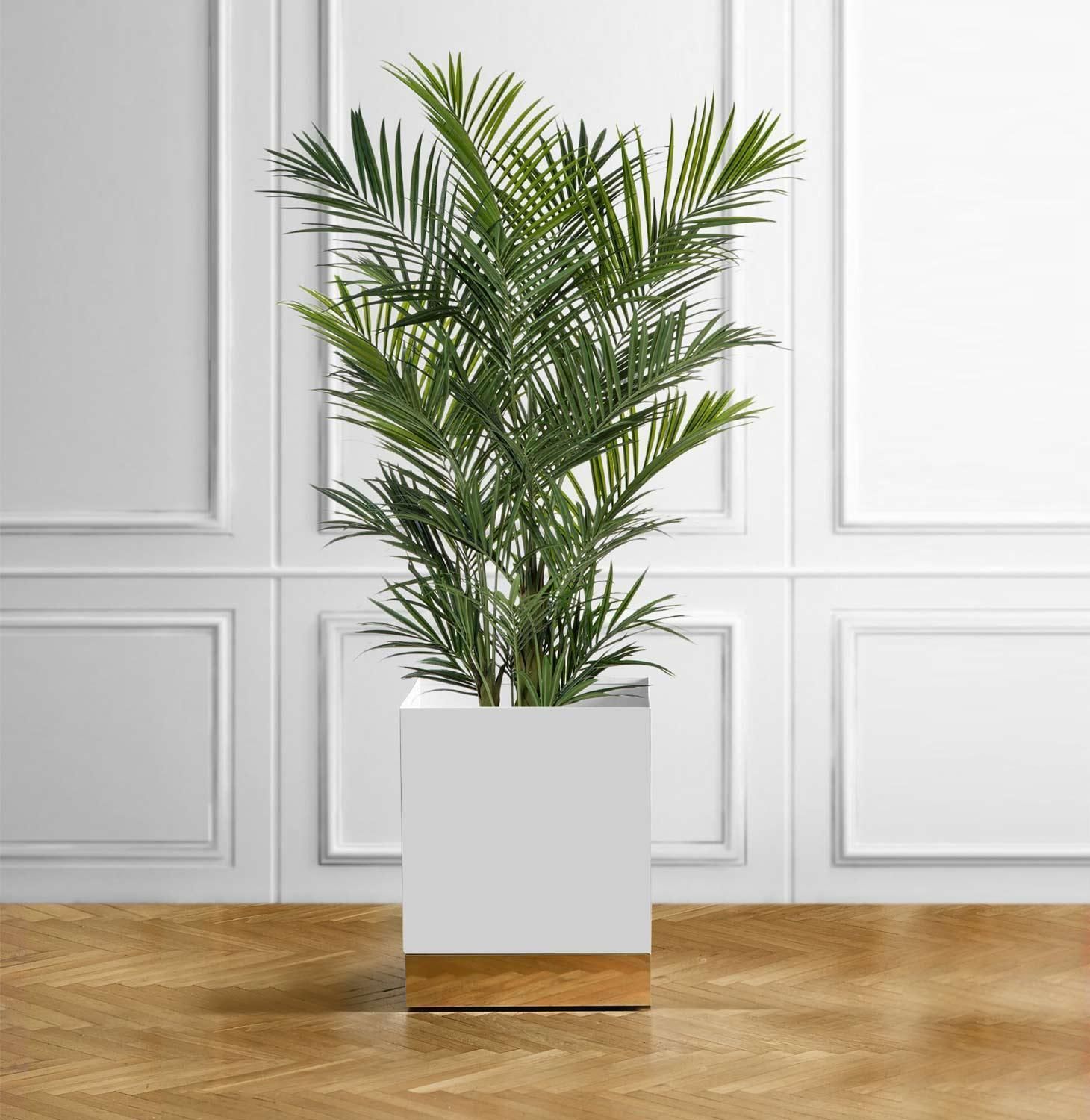 Vase Holder In White Enamelled Metal With Brass Details And Invisible Wheels photo Home Decor