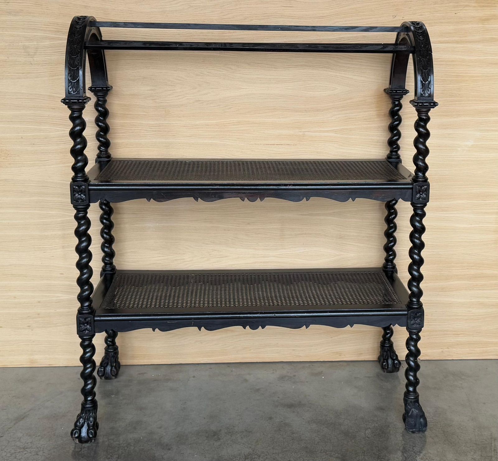 Spanish Wooden Magazine Rack With Marquetry Or Etagere With Cane Shelves photo furniture